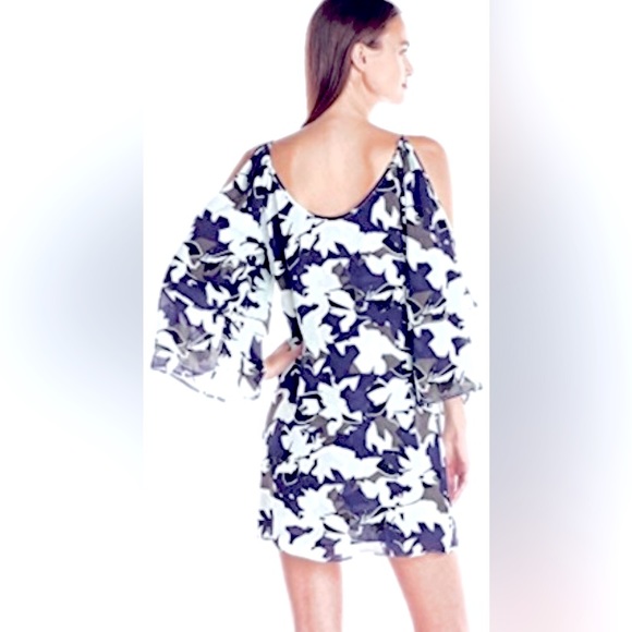 Parker Agave Indigo Floral Cold Shoulder Bell Sleeve Silk Mini Dress/Tunic Top - Picture 5 of 7